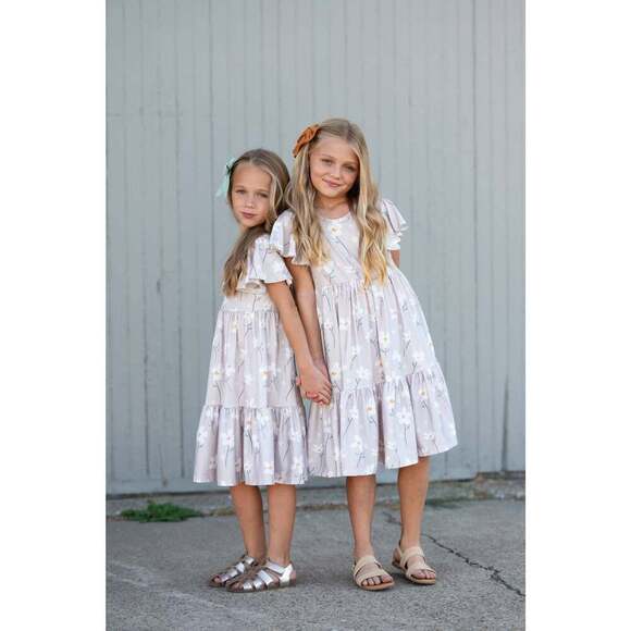Taupe Spring Floral Flutter Sleeve Twirl Dress - Picture 1 of 8